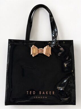 Ted Baker Black Patent Tote with Metallic Rose Gold Bow Accent